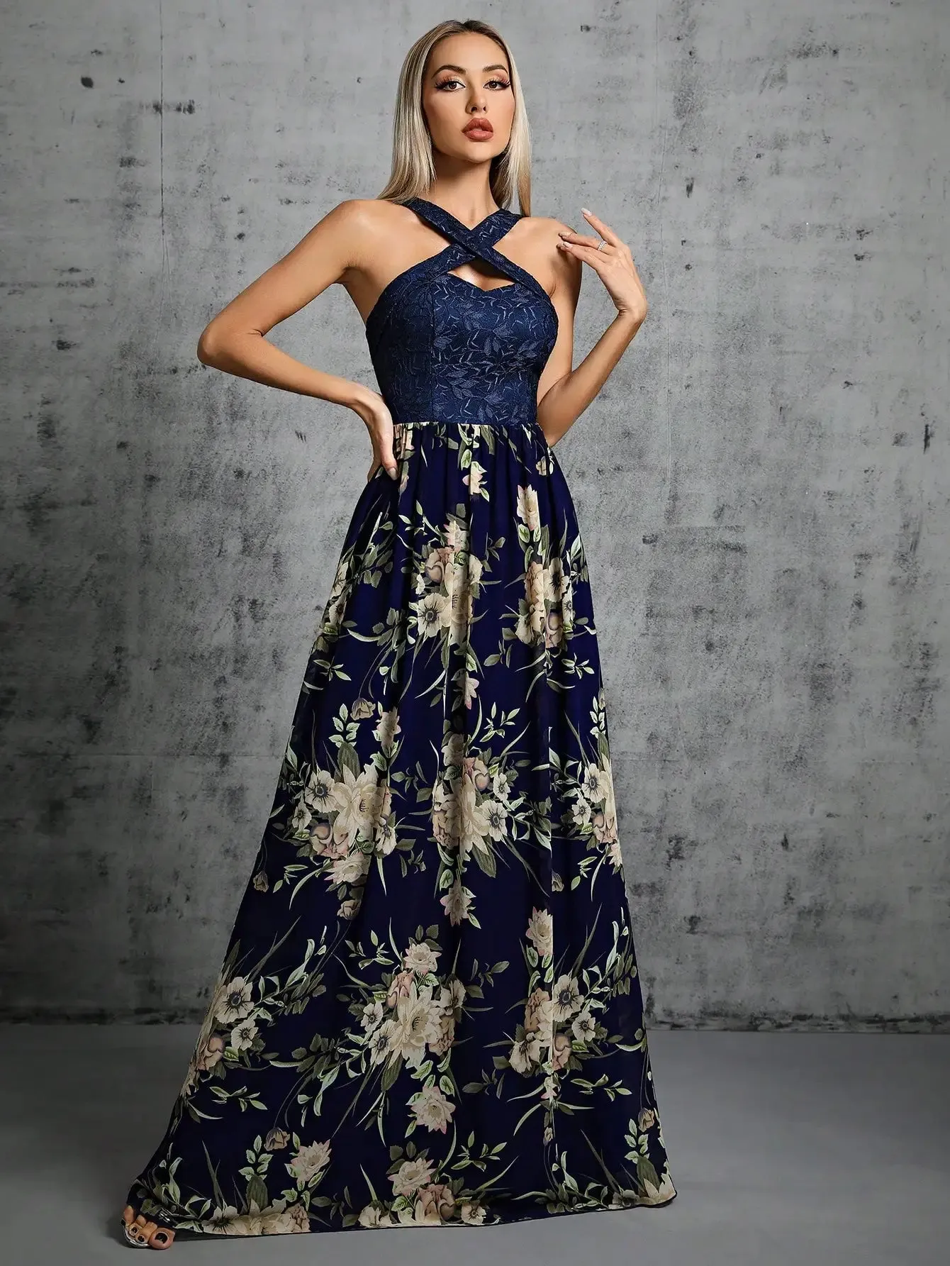 Romantic Navy Floral Maxi Dress for Boho Bridesmaids