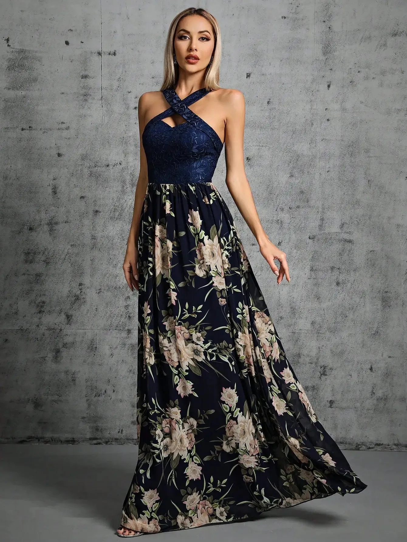 Romantic Navy Floral Maxi Dress for Boho Bridesmaids
