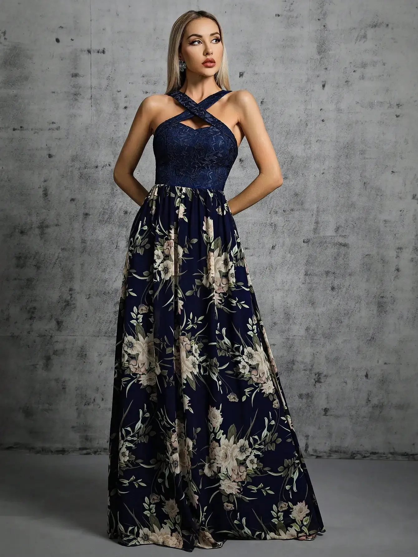 Romantic Navy Floral Maxi Dress for Boho Bridesmaids