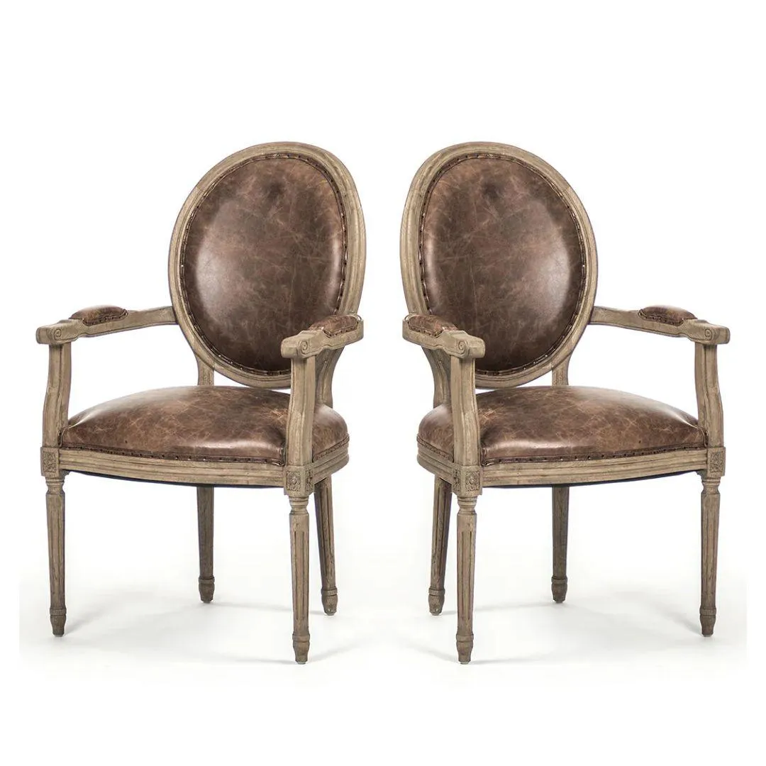 Rustic Leather Round Back Arm Chairs