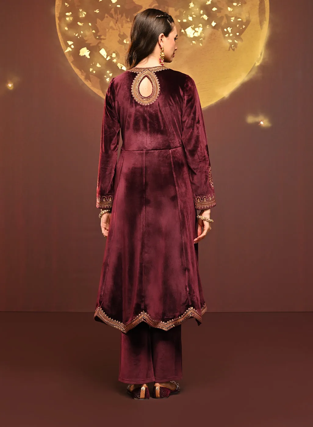Shanaya Maroon Embroidered Velvet Kurta Set for Women