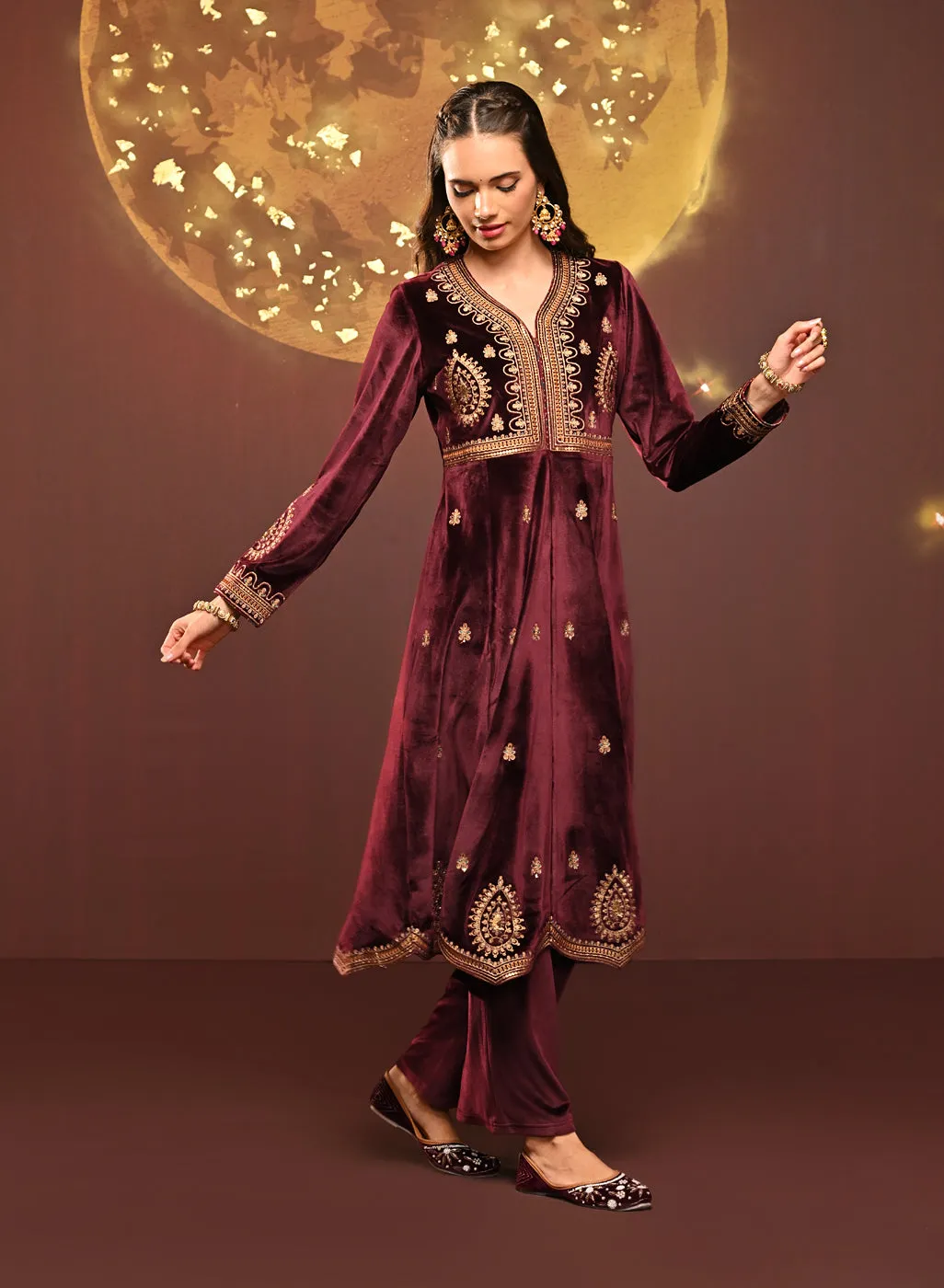 Shanaya Maroon Embroidered Velvet Kurta Set for Women