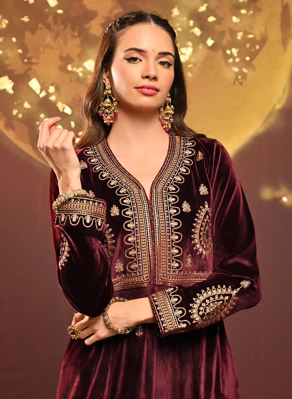 Shanaya Maroon Embroidered Velvet Kurta Set for Women