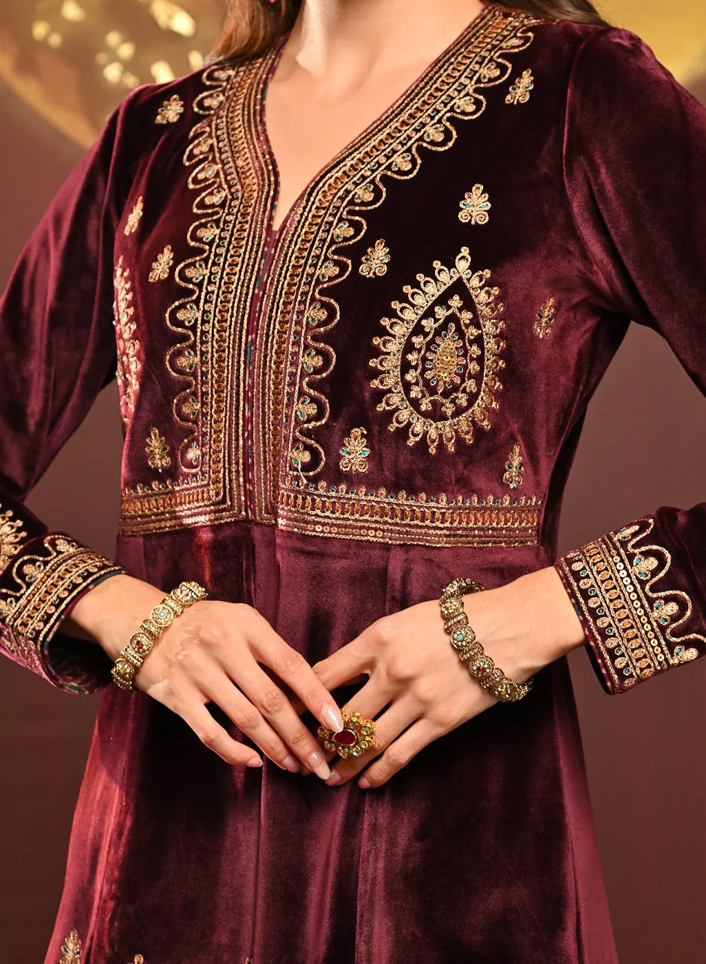 Shanaya Maroon Embroidered Velvet Kurta Set for Women