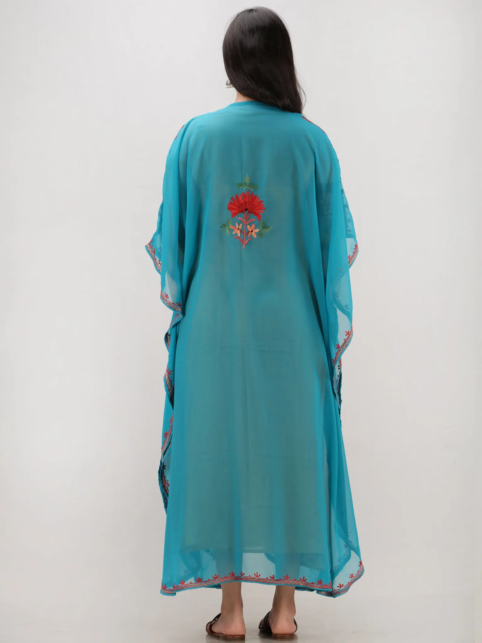 Sky Blue Multicolor Aari Embroidered Kashmere Free Size Georgette Kaftan  - K12K006