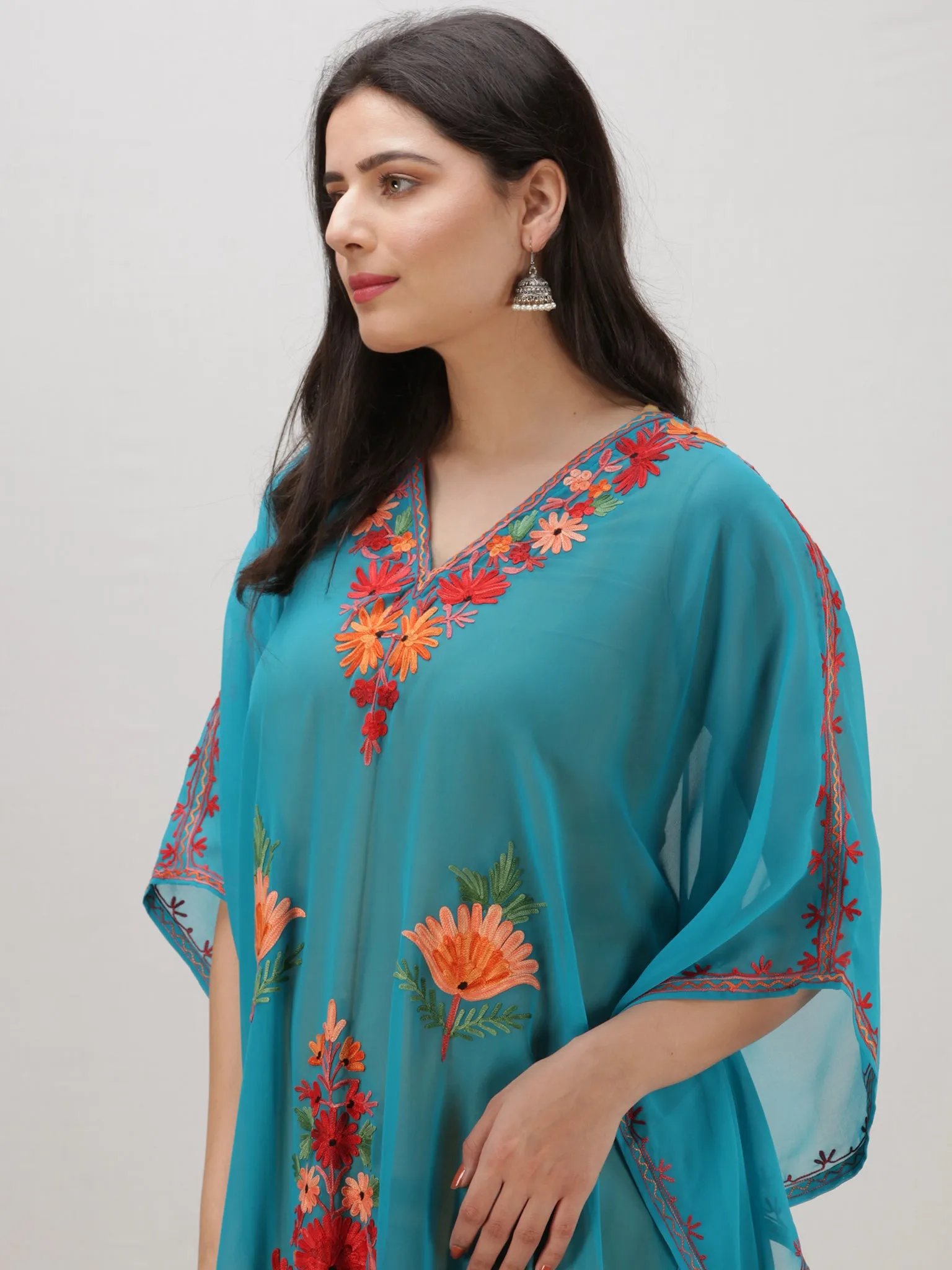 Sky Blue Multicolor Aari Embroidered Kashmere Free Size Georgette Kaftan  - K12K006