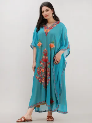 Sky Blue Multicolor Aari Embroidered Kashmere Free Size Georgette Kaftan  - K12K006
