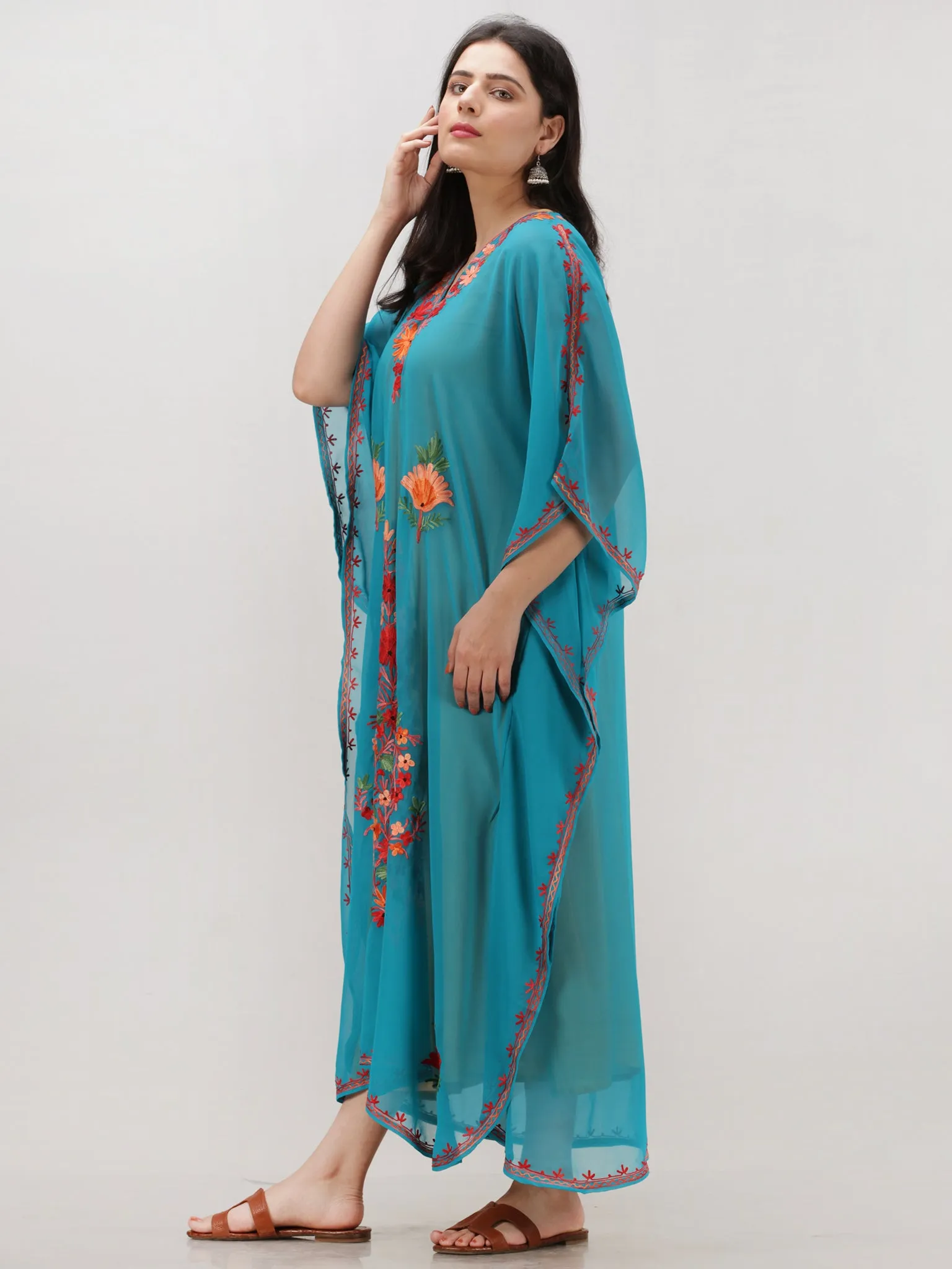 Sky Blue Multicolor Aari Embroidered Kashmere Free Size Georgette Kaftan  - K12K006