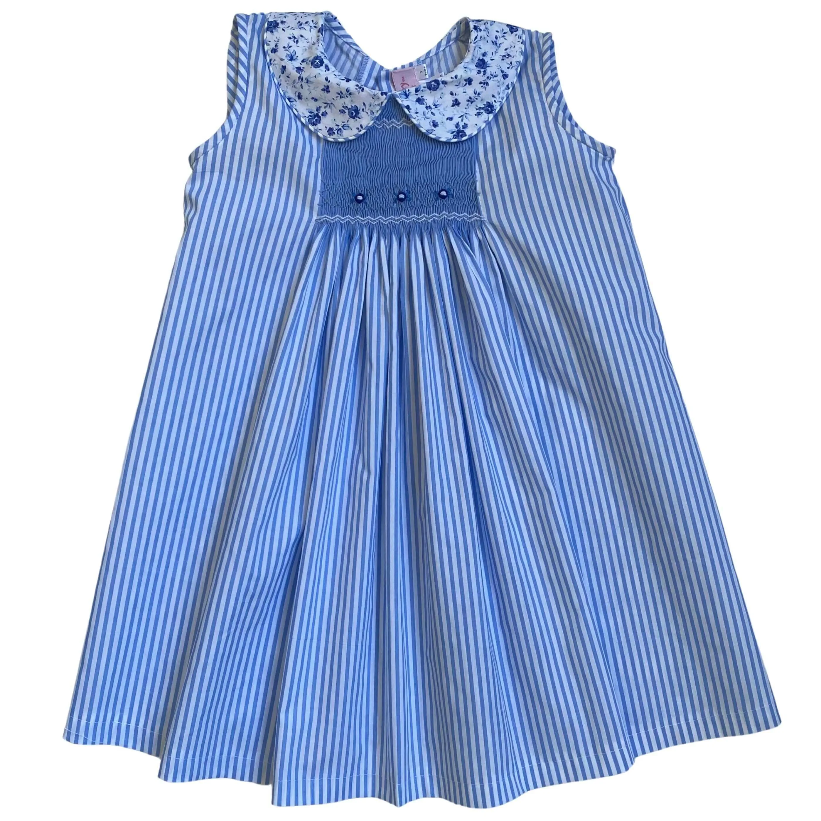 Smocked Blue Floral Stripe Dress