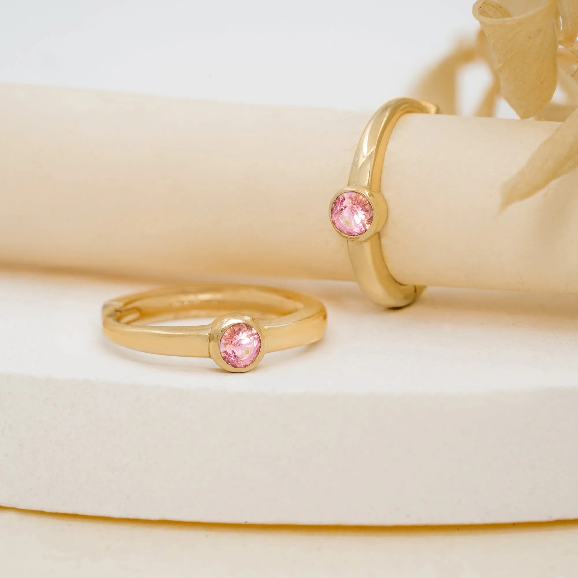 Solid Gold Pink Tourmaline Huggies, Nina
