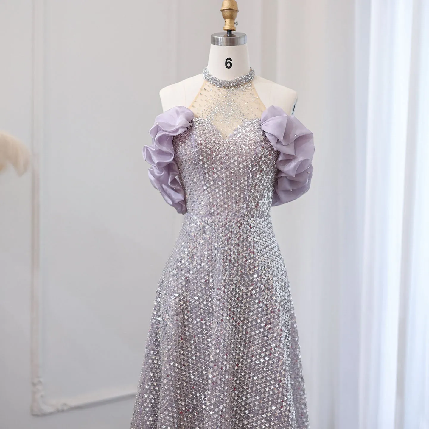 Sparkly Sequin Off Shoulder Pink Halter Evening Dress SS507