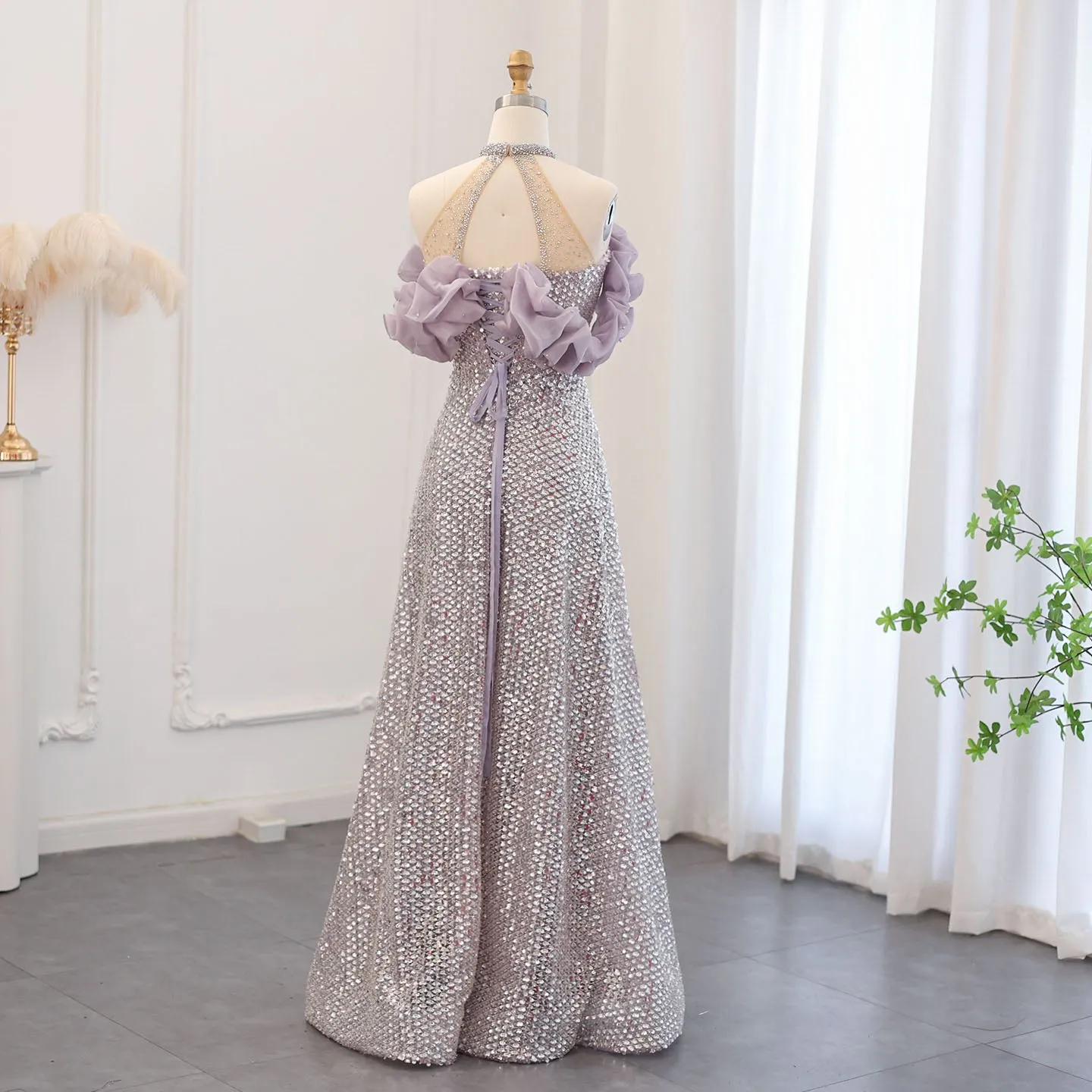 Sparkly Sequin Off Shoulder Pink Halter Evening Dress SS507