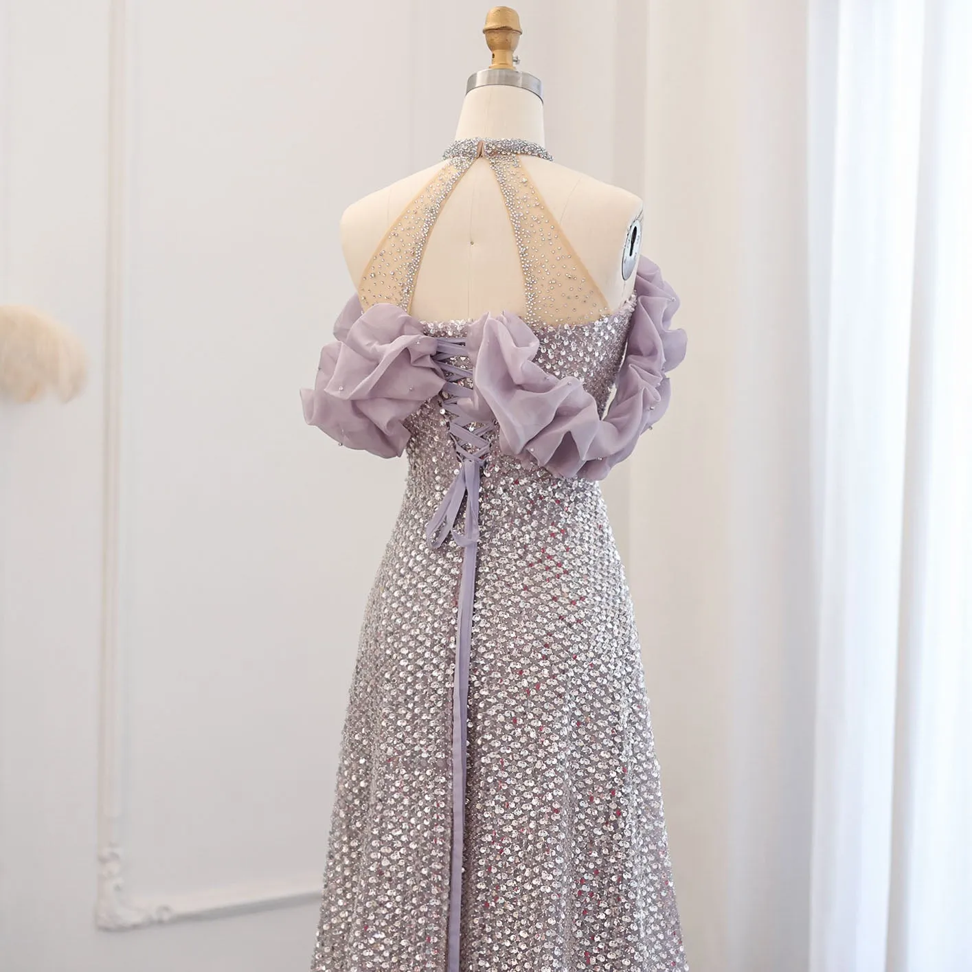 Sparkly Sequin Off Shoulder Pink Halter Evening Dress SS507