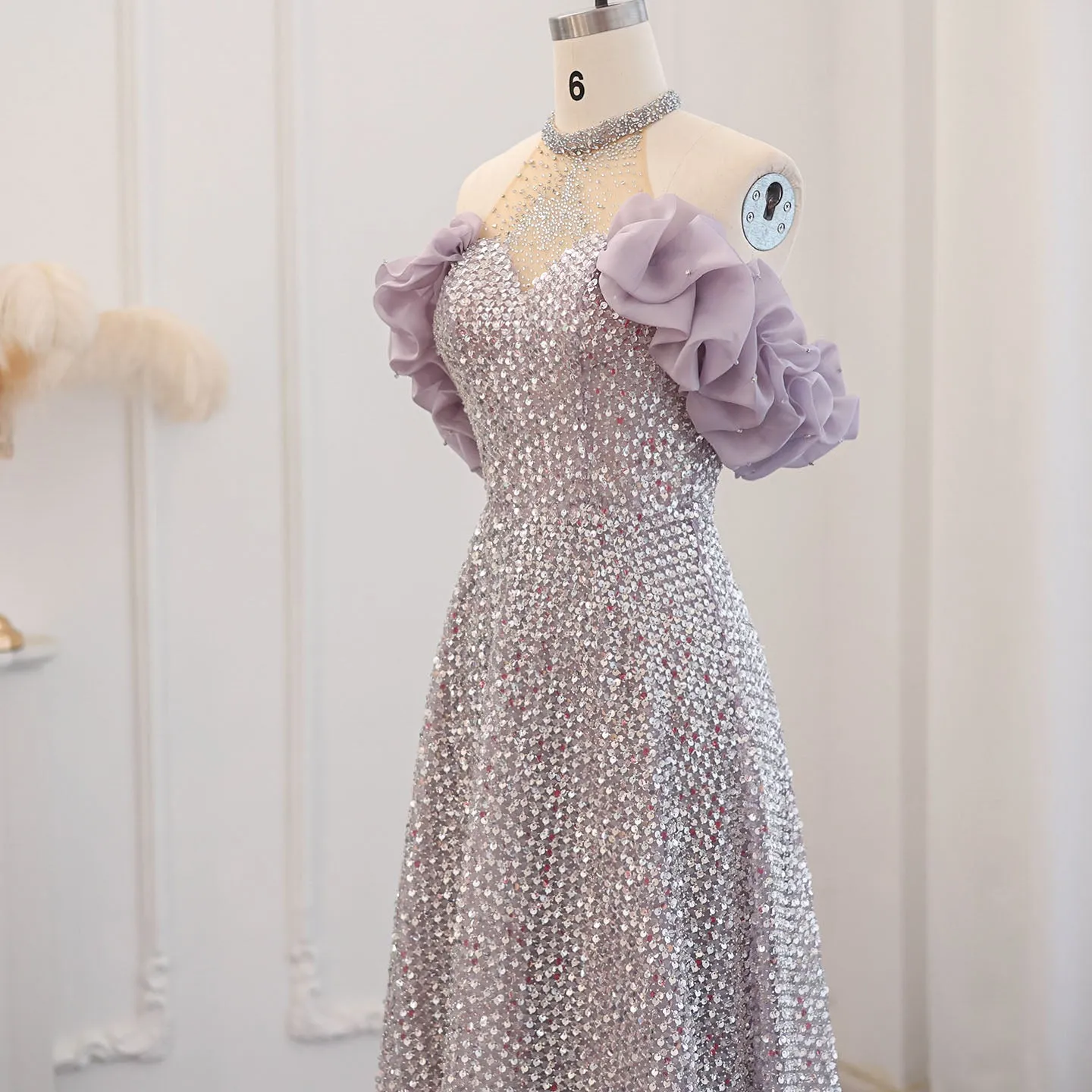 Sparkly Sequin Off Shoulder Pink Halter Evening Dress SS507