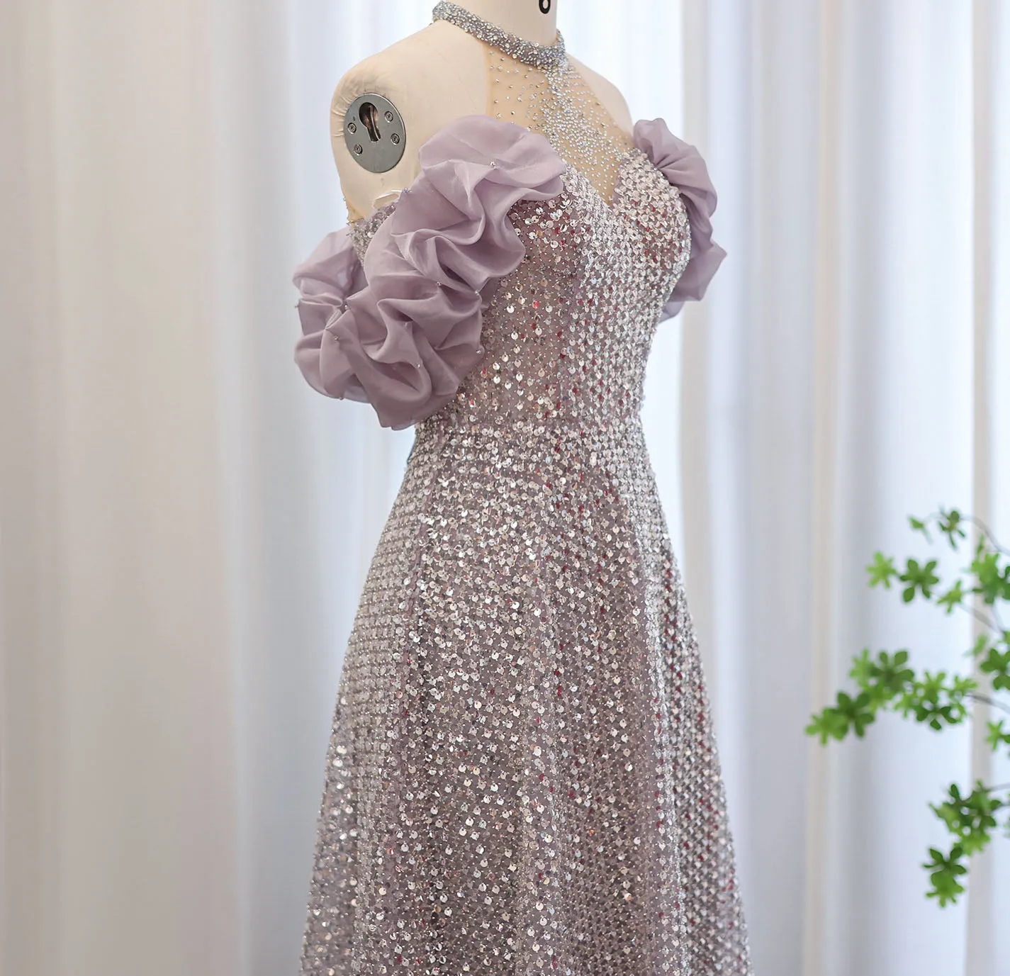 Sparkly Sequin Off Shoulder Pink Halter Evening Dress SS507