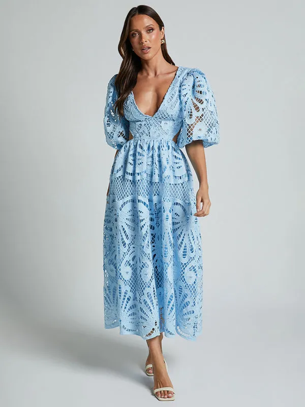 Trendy Floral Lace Low-Back Dress for Events