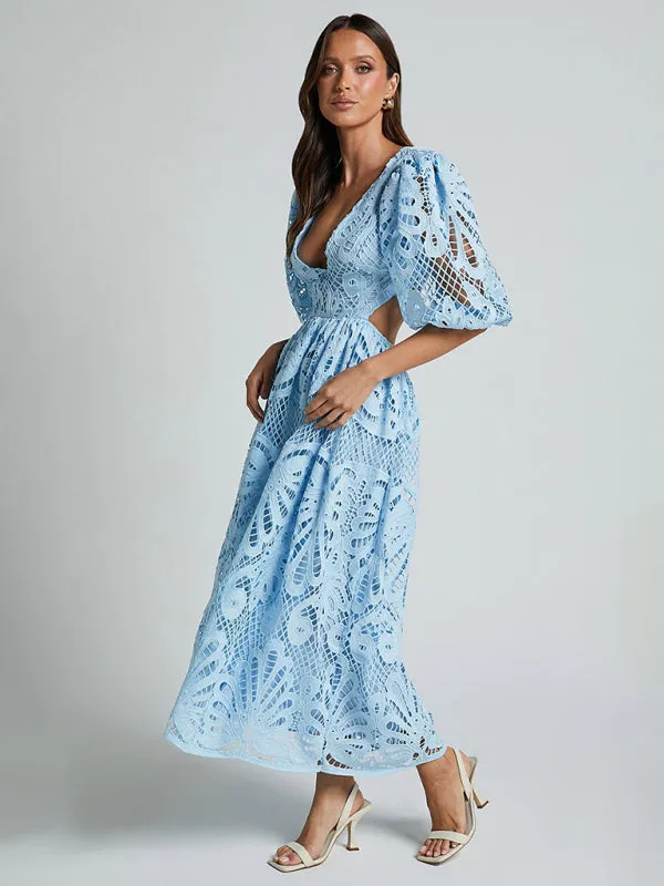 Trendy Floral Lace Low-Back Dress for Events