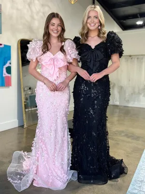Tullia | Mermaid Black Short Sleeves Appliques Lace Prom Dress With Bow