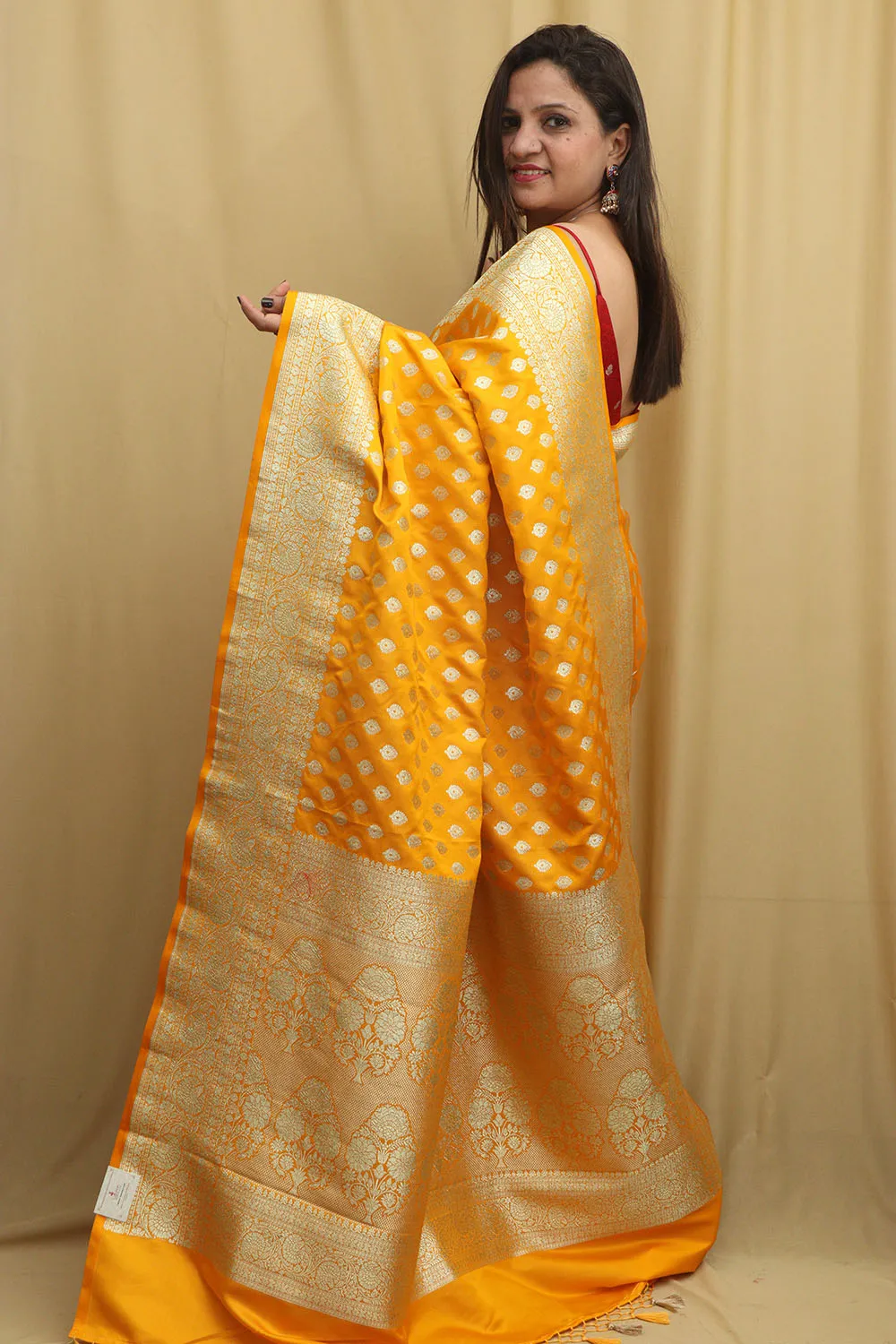 Vibrant Yellow Banarasi Satin Silk Saree - Elegant and Timeless