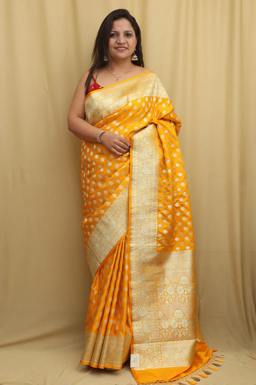 Vibrant Yellow Banarasi Satin Silk Saree - Elegant and Timeless