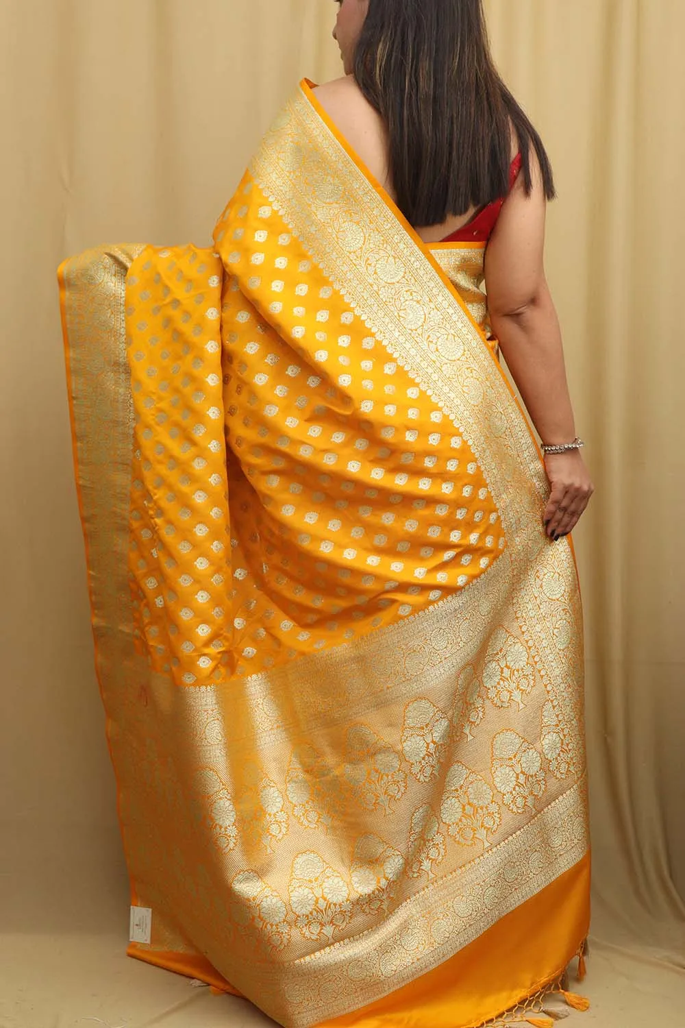 Vibrant Yellow Banarasi Satin Silk Saree - Elegant and Timeless