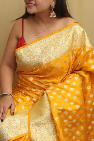 Vibrant Yellow Banarasi Satin Silk Saree - Elegant and Timeless