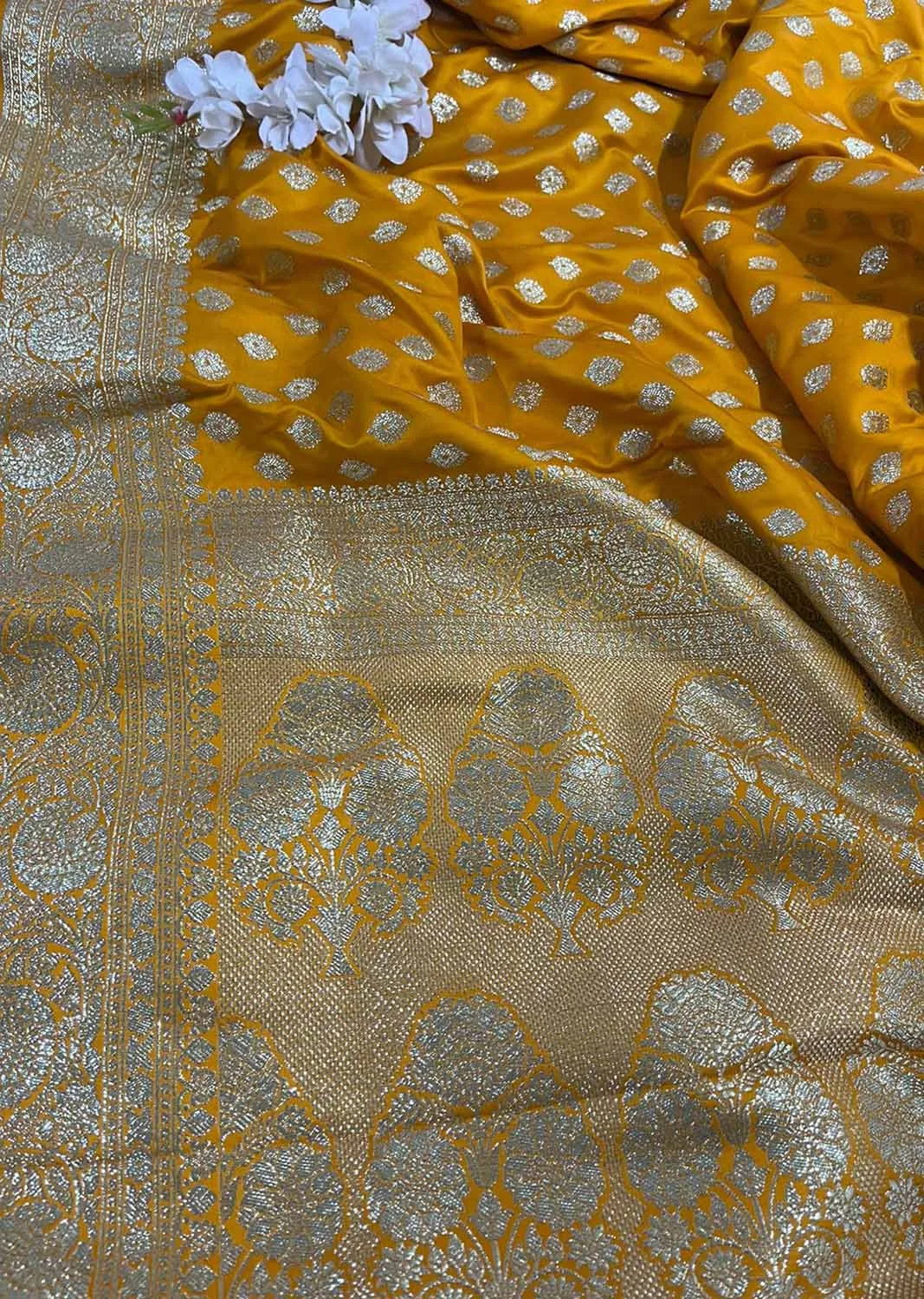 Vibrant Yellow Banarasi Satin Silk Saree - Elegant and Timeless