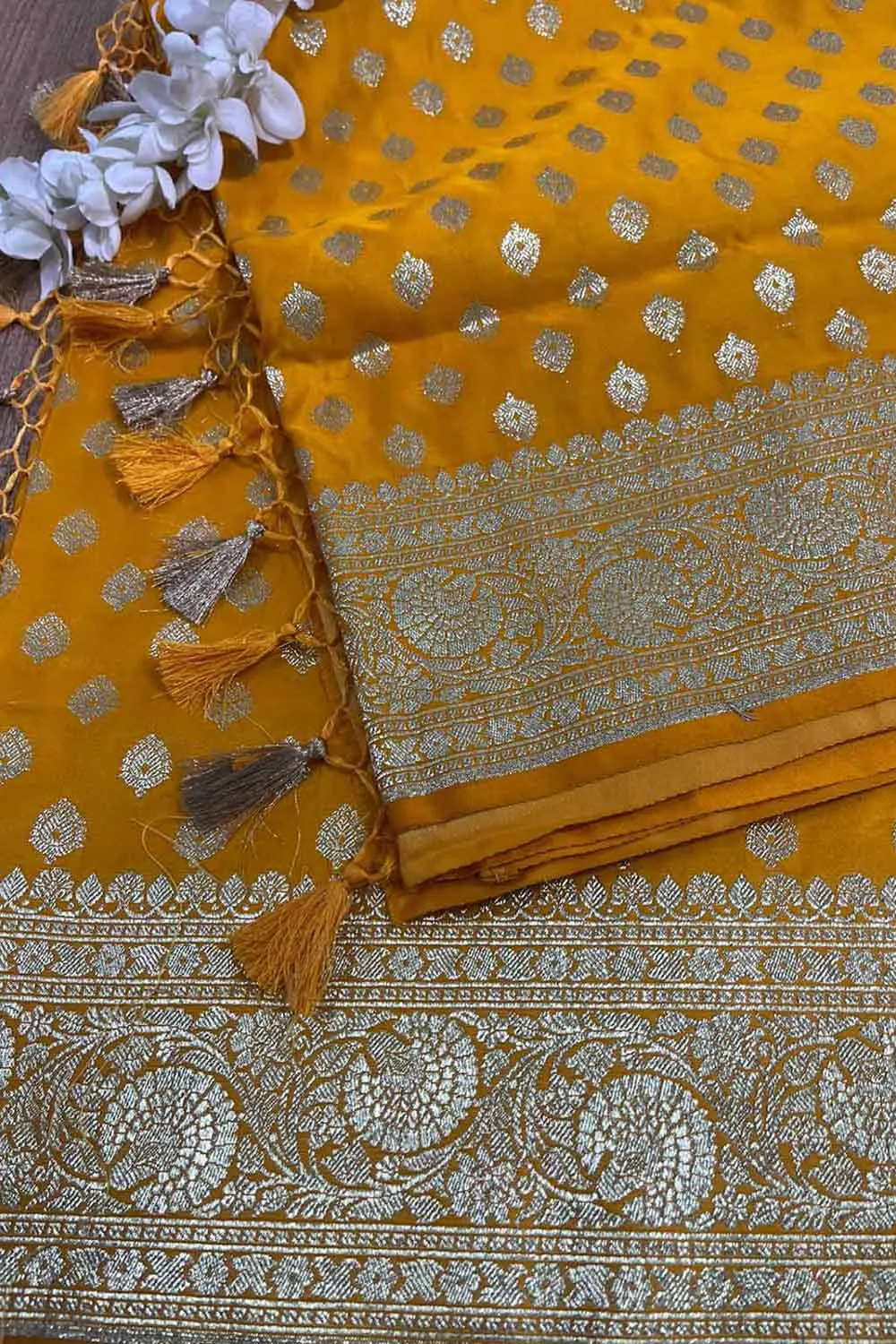 Vibrant Yellow Banarasi Satin Silk Saree - Elegant and Timeless