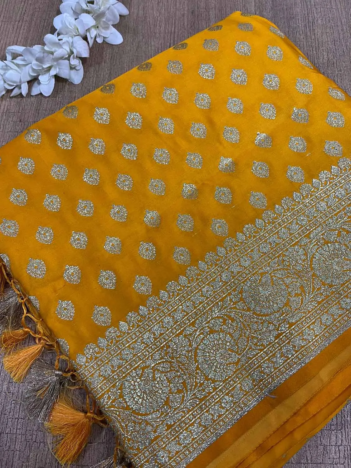 Vibrant Yellow Banarasi Satin Silk Saree - Elegant and Timeless