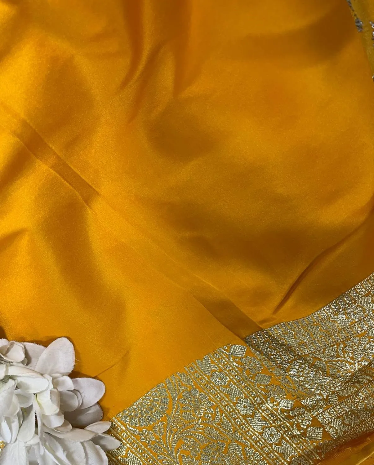 Vibrant Yellow Banarasi Satin Silk Saree - Elegant and Timeless