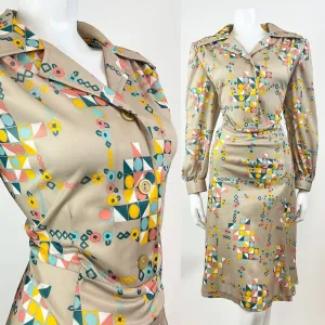 VINTAGE 60s 70s BEIGE BLUE YELLOW GREEN GEOMETRIC FLORAL DAGGER SHIRT DRESS 18