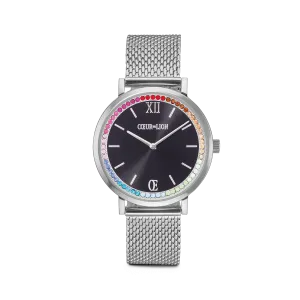 Watch Round Sparkling Rainbow Sunray Black Milanaise silver