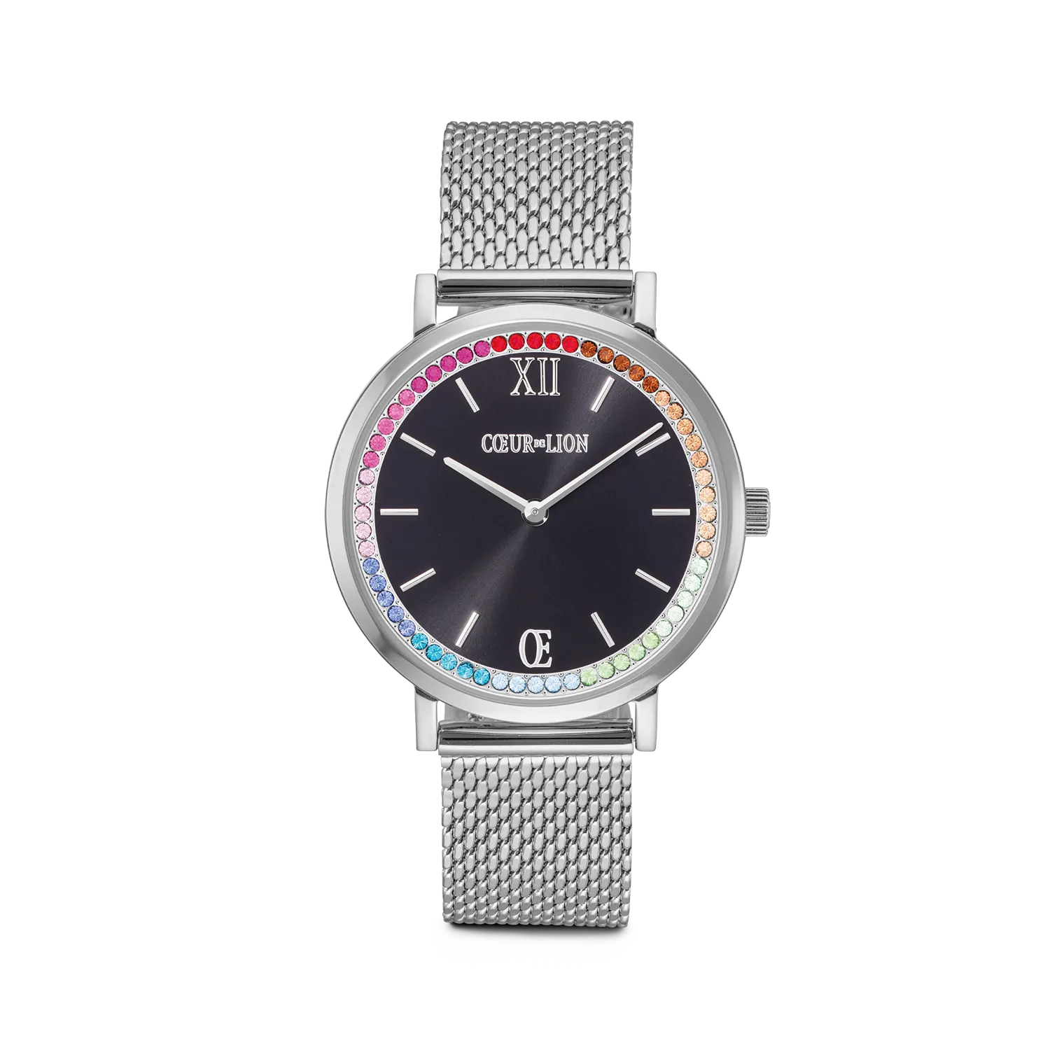 Watch Round Sparkling Rainbow Sunray Black Milanaise silver