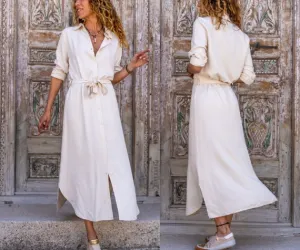White Self Belted Buttoned Long Shirt Dress,Maxi Dress,Long Sleeve Dress-Boho Wear Womens Dress-Attractive Casual Dress,Vintage Dress