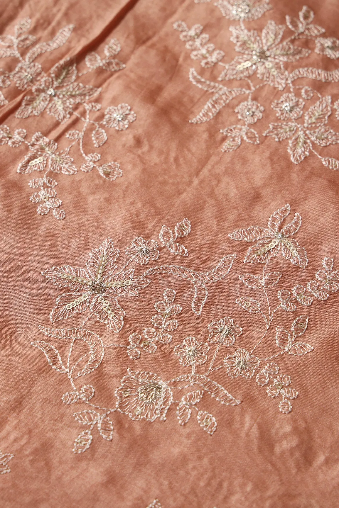 White Thread With Gold Sequins Floral Embroidery On Dusty Peach Pure Bamboo Silk Fabric