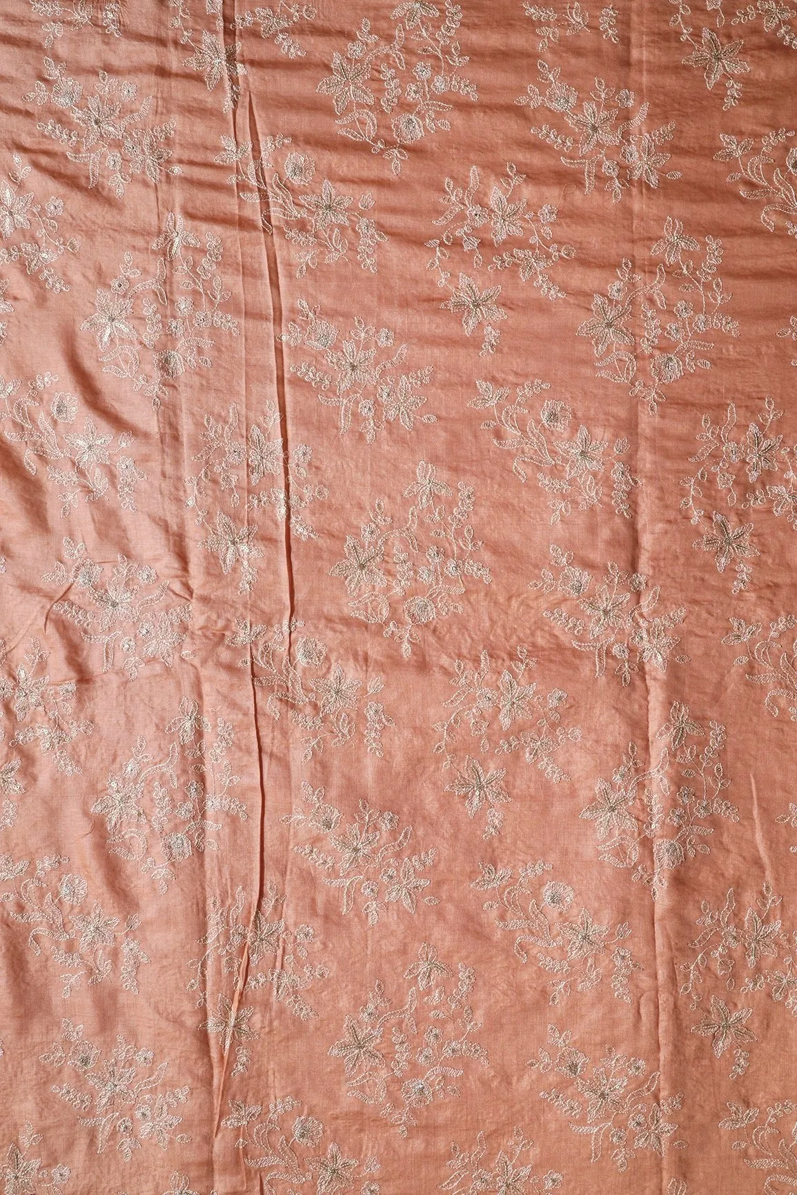 White Thread With Gold Sequins Floral Embroidery On Dusty Peach Pure Bamboo Silk Fabric