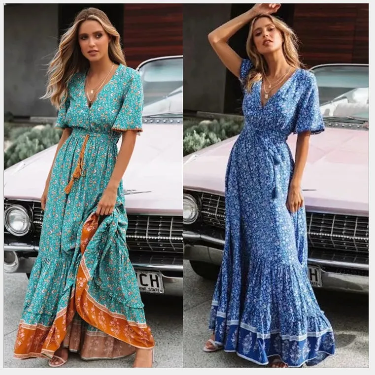 Women's Printed Temperament Commute Stitching Tassel Maxi Dress