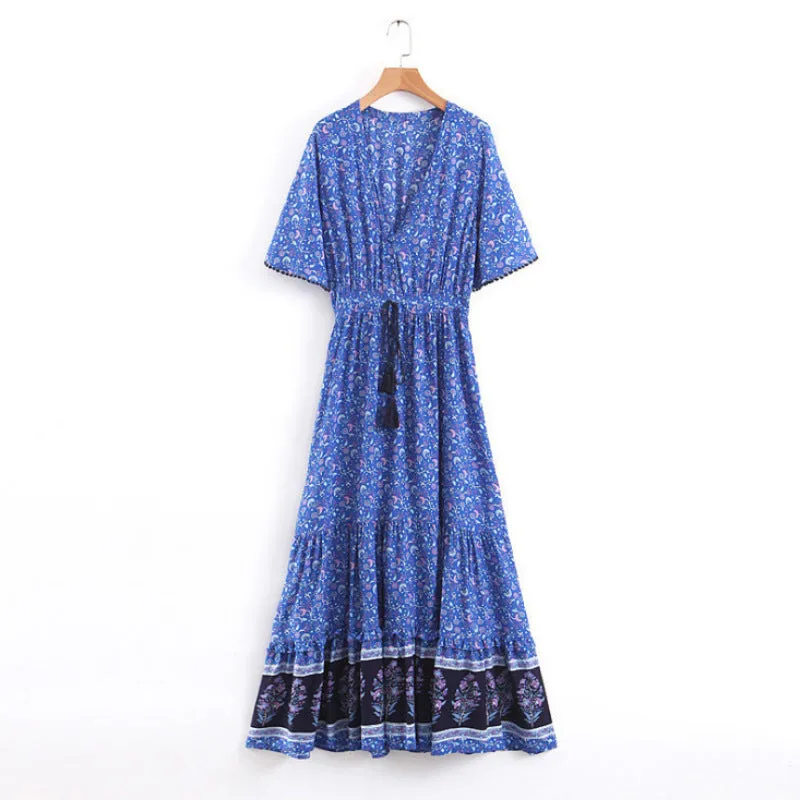 Women's Printed Temperament Commute Stitching Tassel Maxi Dress