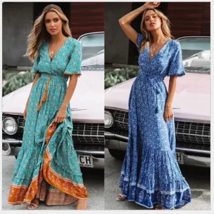 Women's Printed Temperament Commute Stitching Tassel Maxi Dress
