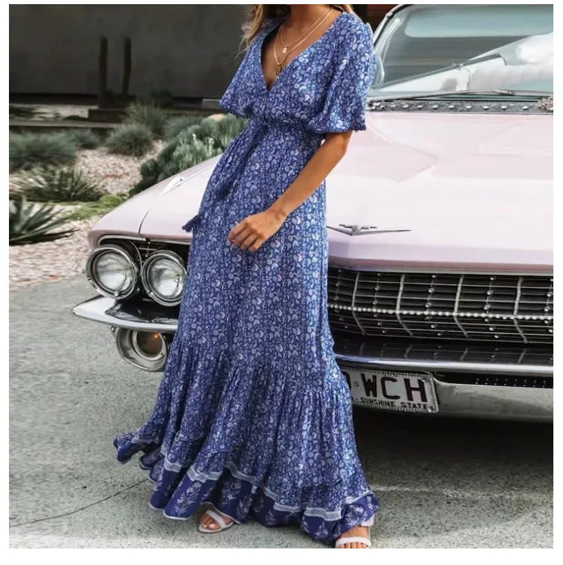 Women's Printed Temperament Commute Stitching Tassel Maxi Dress