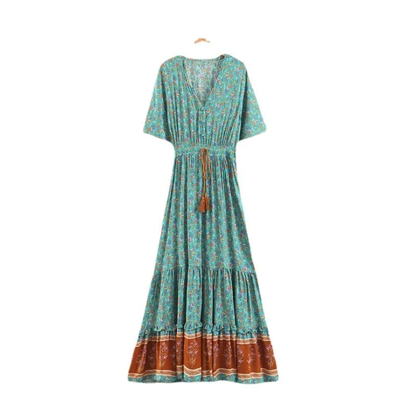 Women's Printed Temperament Commute Stitching Tassel Maxi Dress