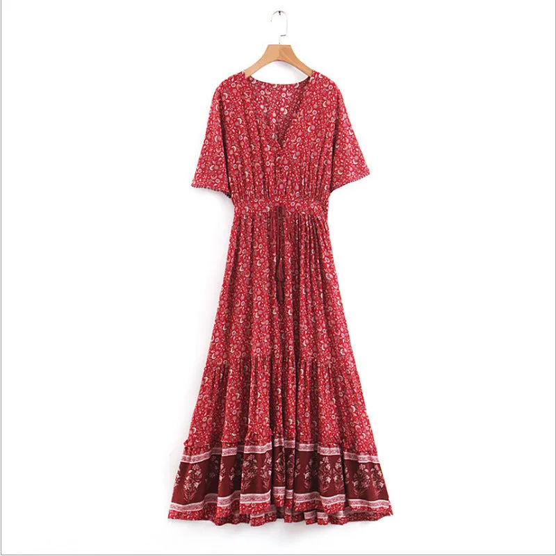 Women's Printed Temperament Commute Stitching Tassel Maxi Dress