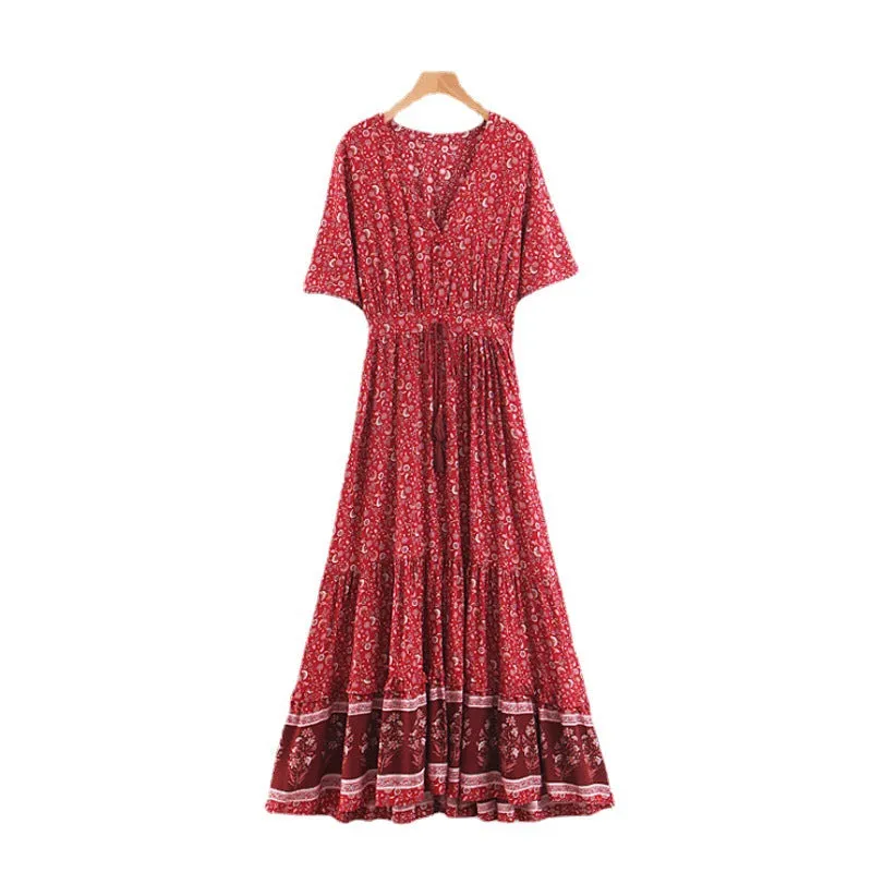Women's Printed Temperament Commute Stitching Tassel Maxi Dress