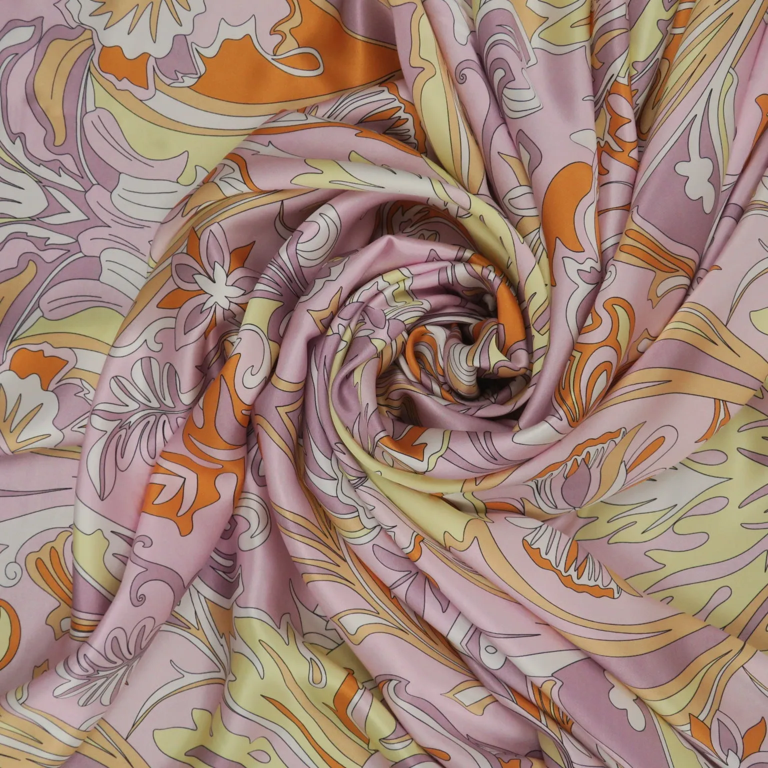 Yellow, Orange and Lilac Abstract Printed Silk Charmeuse Fabric