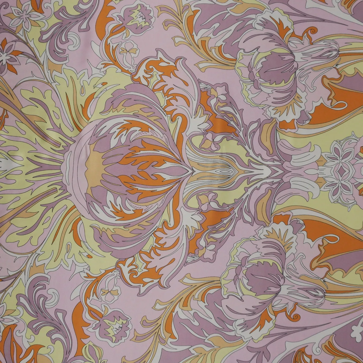 Yellow, Orange and Lilac Abstract Printed Silk Charmeuse Fabric