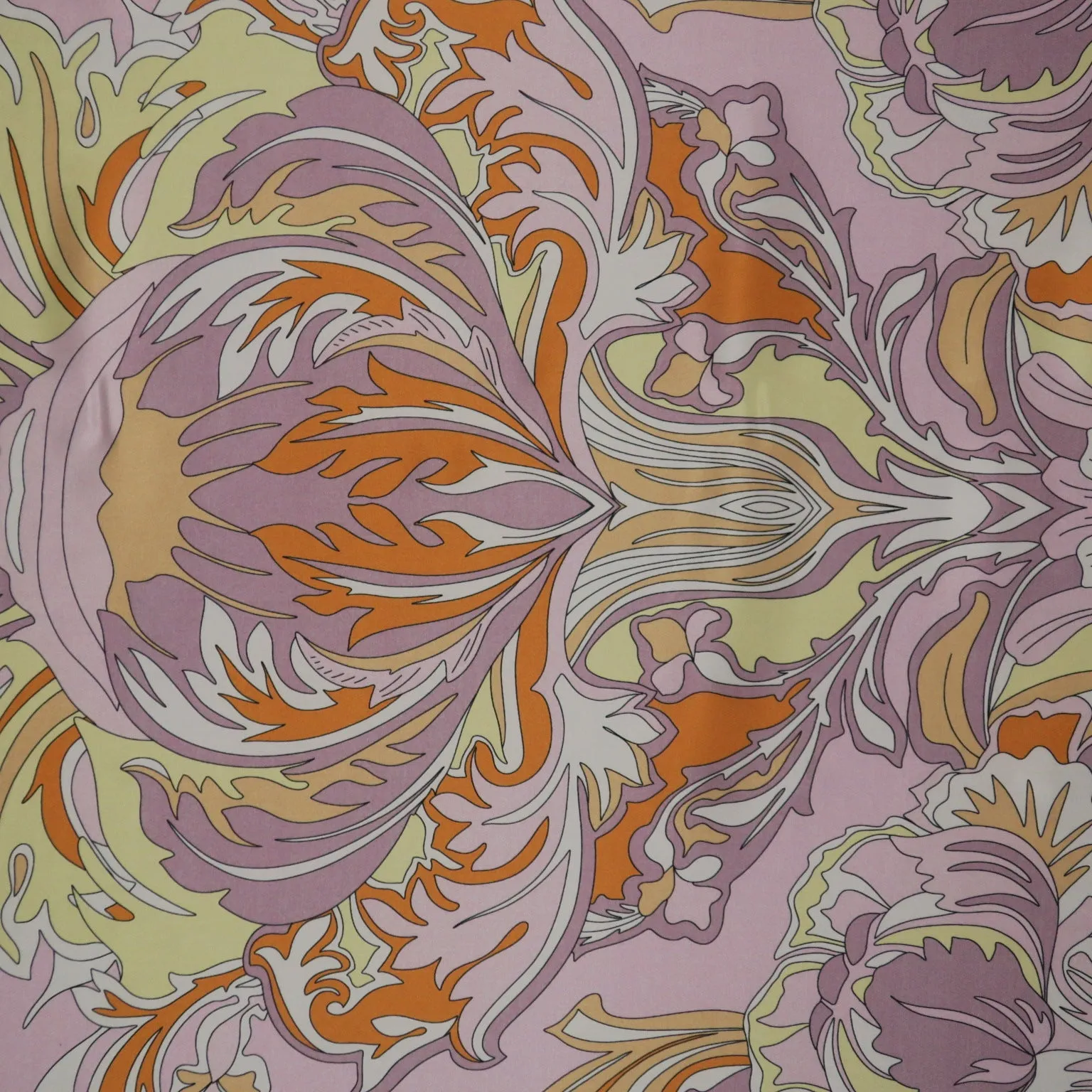 Yellow, Orange and Lilac Abstract Printed Silk Charmeuse Fabric